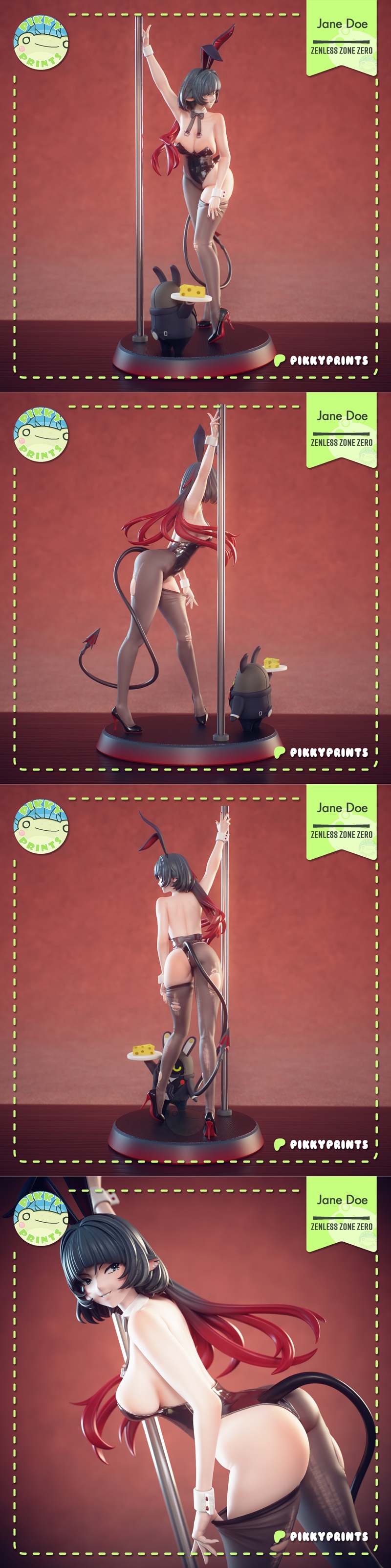 Jane Doe figure from Zenless Zone Zero by Pikky Prints, posing on a pole in a revealing bunny-girl outfit with devil...