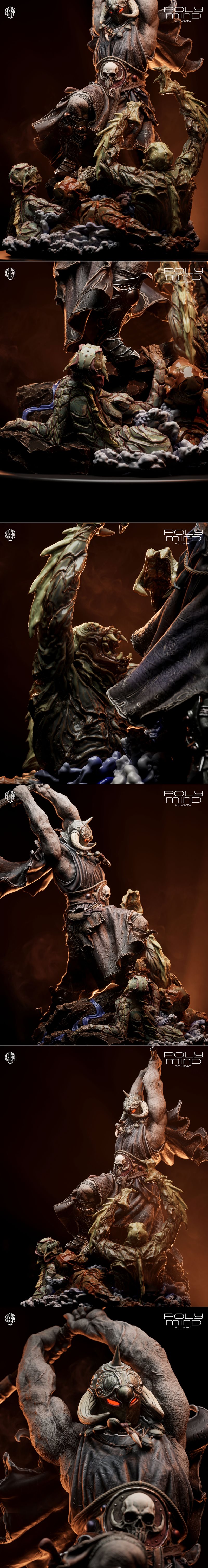 A muscular, armored warrior figure, the Death Dealer, raises an axe for a downward strike over fallen, grotesque figu...