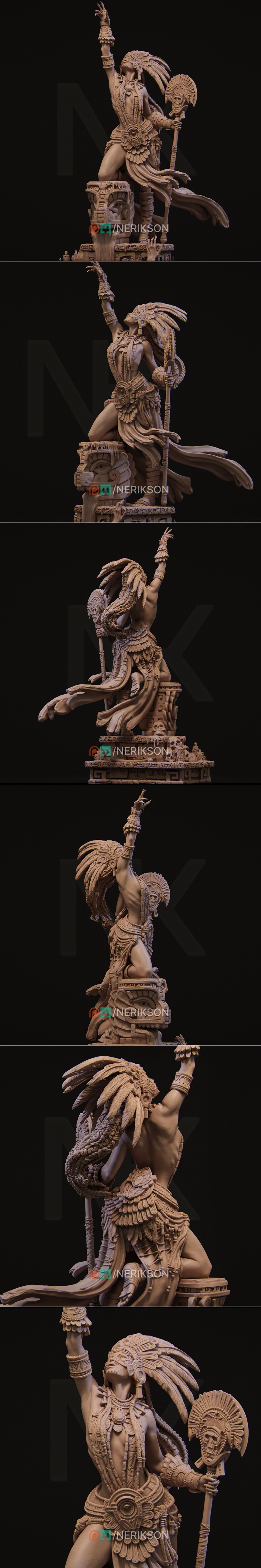 Necalin, the Priestess of Death, a female figure with a feathered headdress and tribal attire, holding a glowing skul...