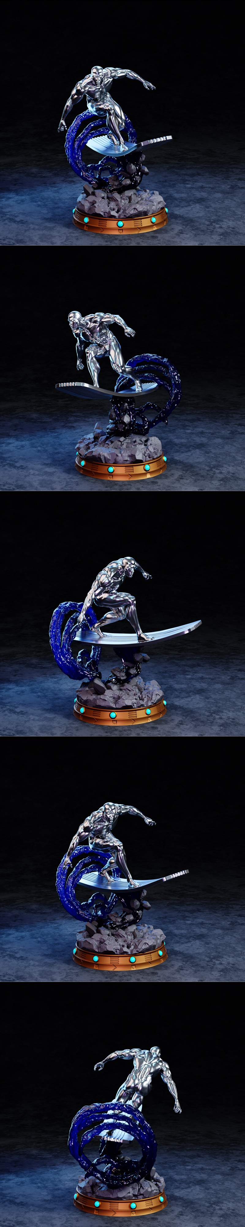 Silver Surfer figure in a dynamic pose, riding a surfboard on swirling blue energy and rocky debris. The character is...
