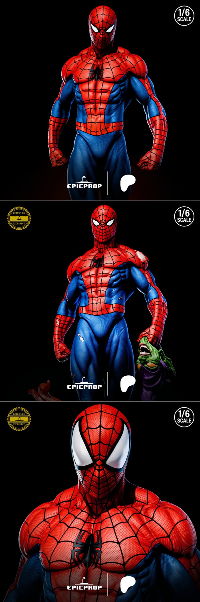 Spiderman figure in 1/6 scale, standing heroically and holding the Green Goblin by the head. The diorama base include...
