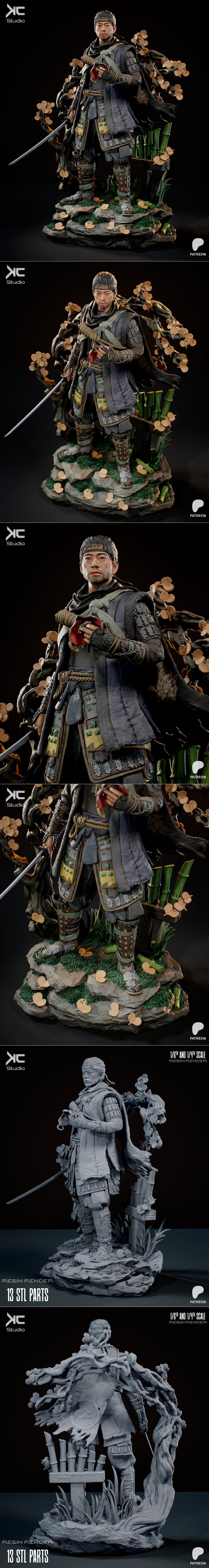 Jin Sakai from Ghost of Tsushima, a 3D printable figure by KC Studio, wearing detailed samurai armor and a headband,...