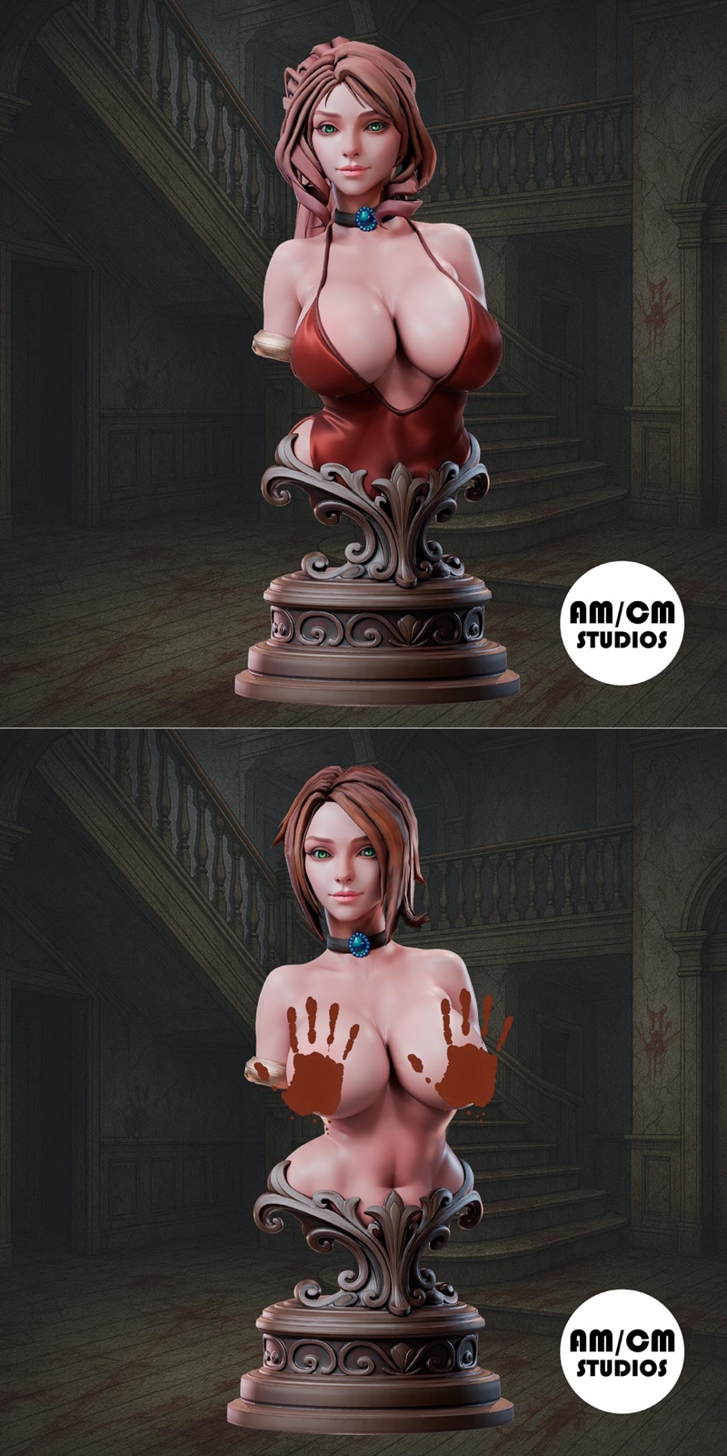 AMCM Studios Nina bust 3D model, featuring a woman with pink hair wearing a black bikini top and blue choker, mounted...