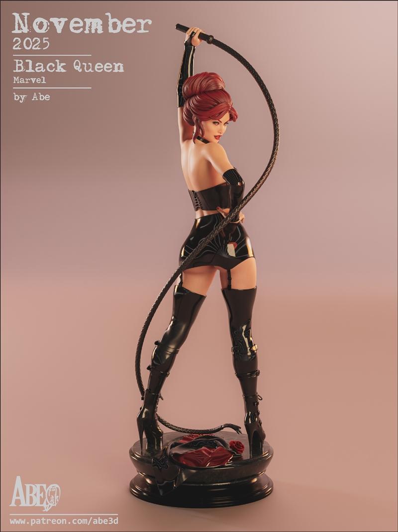 Jean Grey Black Queen 3D model by Abe3D, wearing a black latex outfit and thigh-high boots, holding a whip, posed sed...
