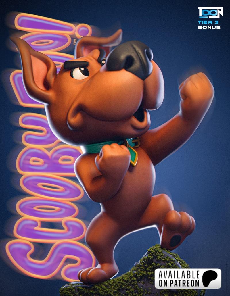 Scrappy Doo figure in a heroic pose on a mossy rock, with stylized purple text reading 'Scooby!' behind him. Toon Stu...