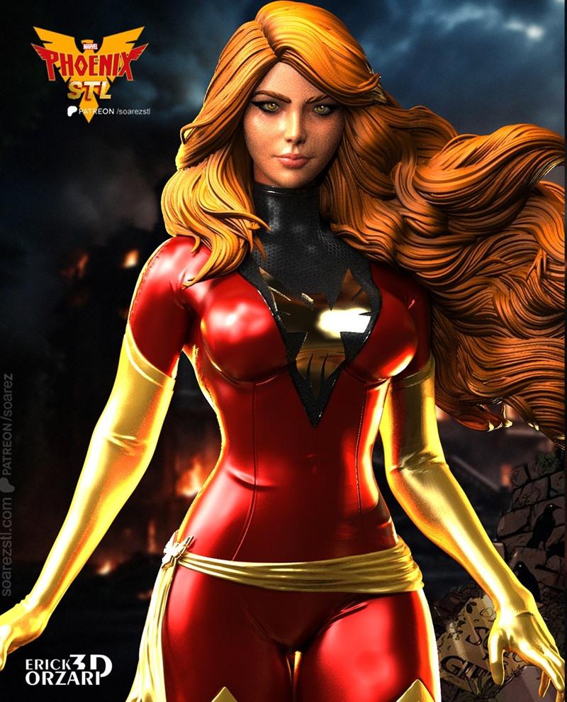 Dark Phoenix figure in red and gold costume, with flowing orange hair and intense green eyes. Soarez 3D logo visible....