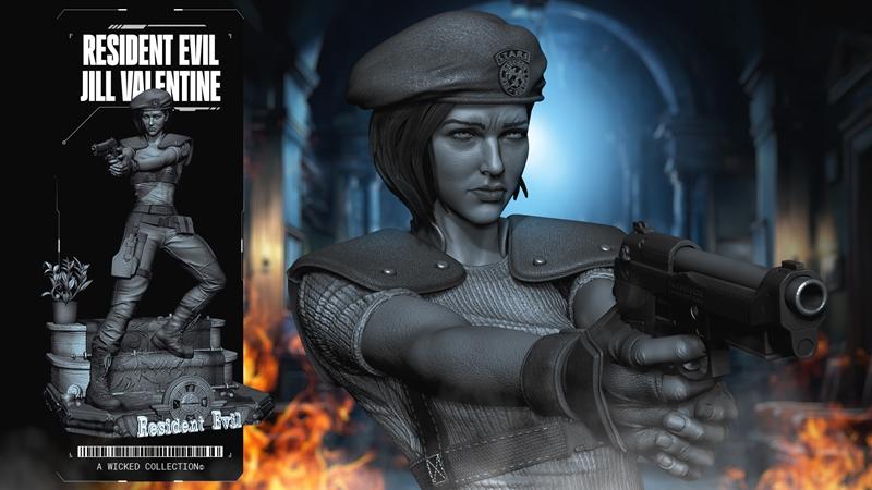 Jill Valentine sculpture in tactical gear, holding a pistol, with a beret on her head. Detailed 3D model by Wicked.