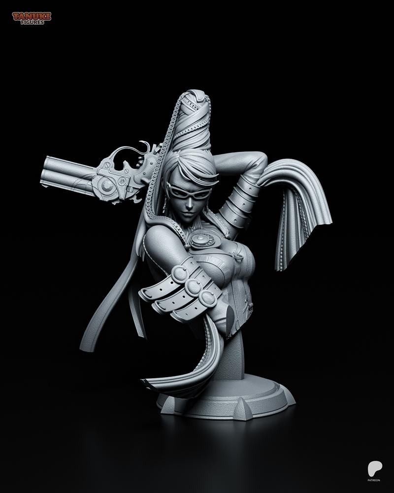 Bayonetta bust 3D model by Tanuki Figures, holding dual pistols in an action pose, wearing glasses and detailed outfit.