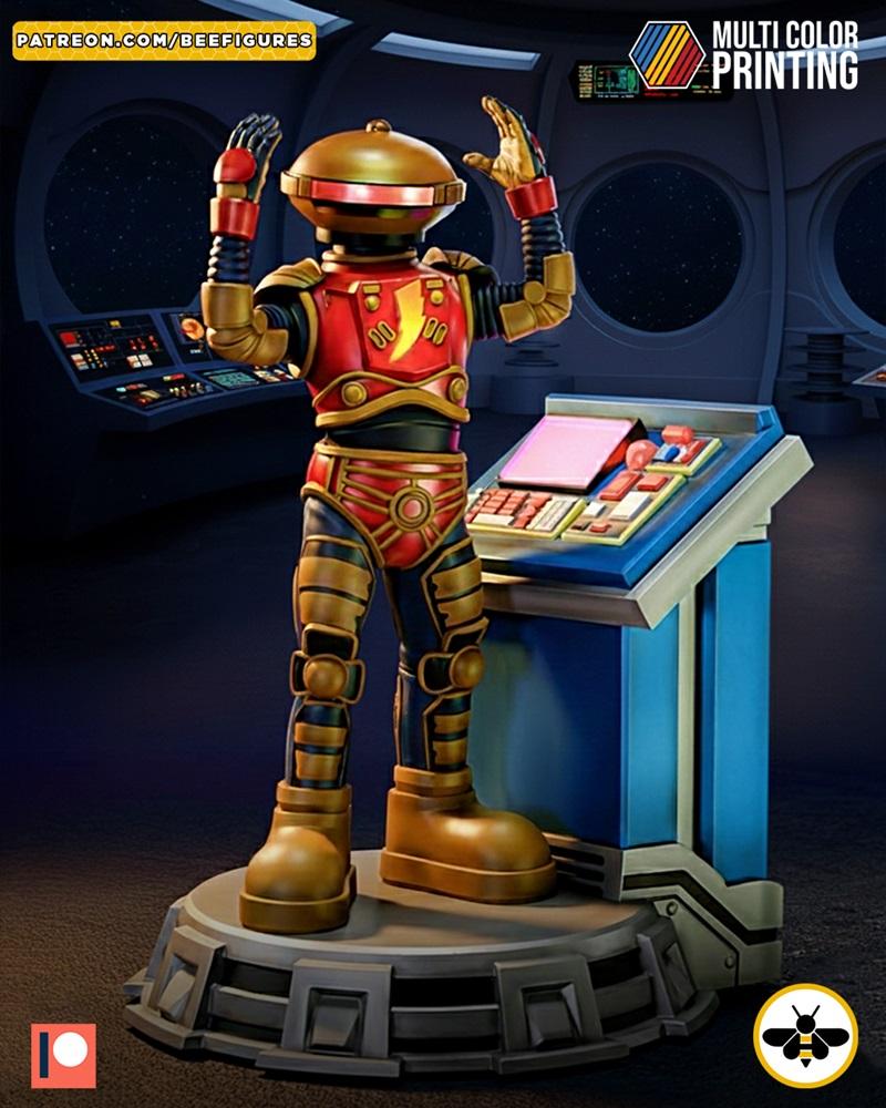 Alpha 5 robot from Power Rangers standing on a base next to a futuristic control panel. The figure wears a red and go...