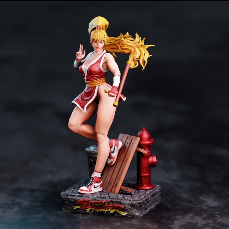 Maki Genryusai 3D model in red outfit and sneakers, holding a weapon, with a fire hydrant and trash can on the base....