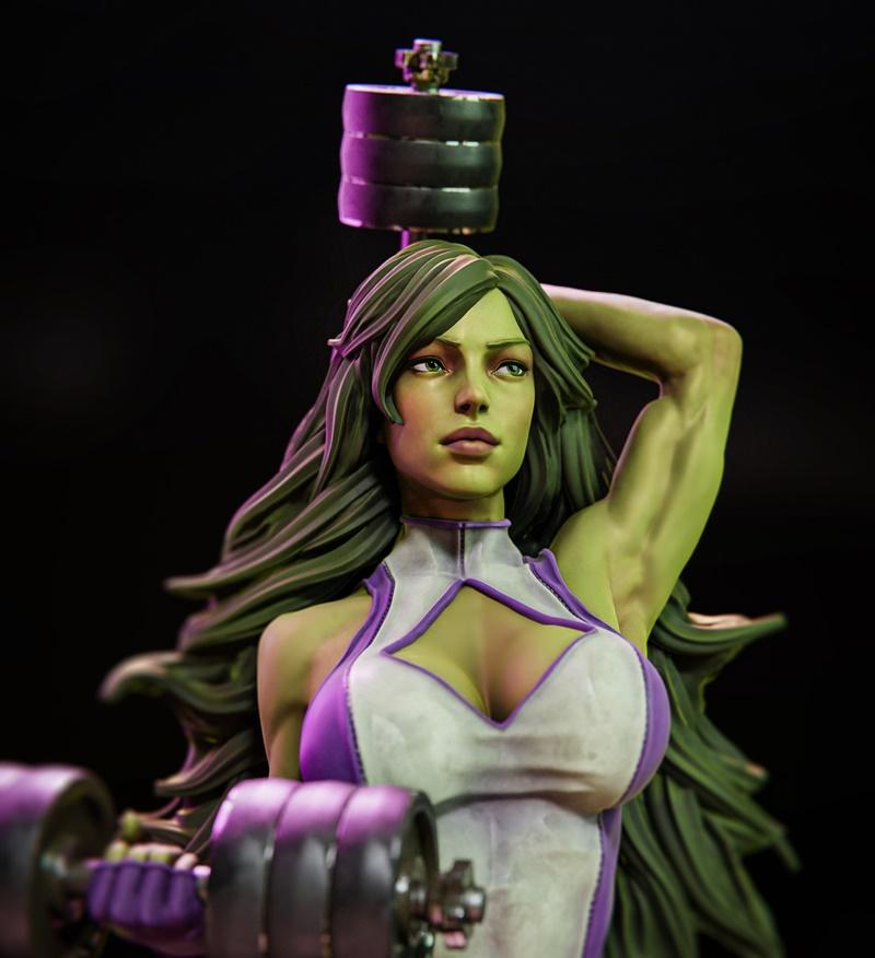 She-Hulk 3D model figure, green-skinned muscular woman in purple and white athletic wear, holding a dumbbell, with an...