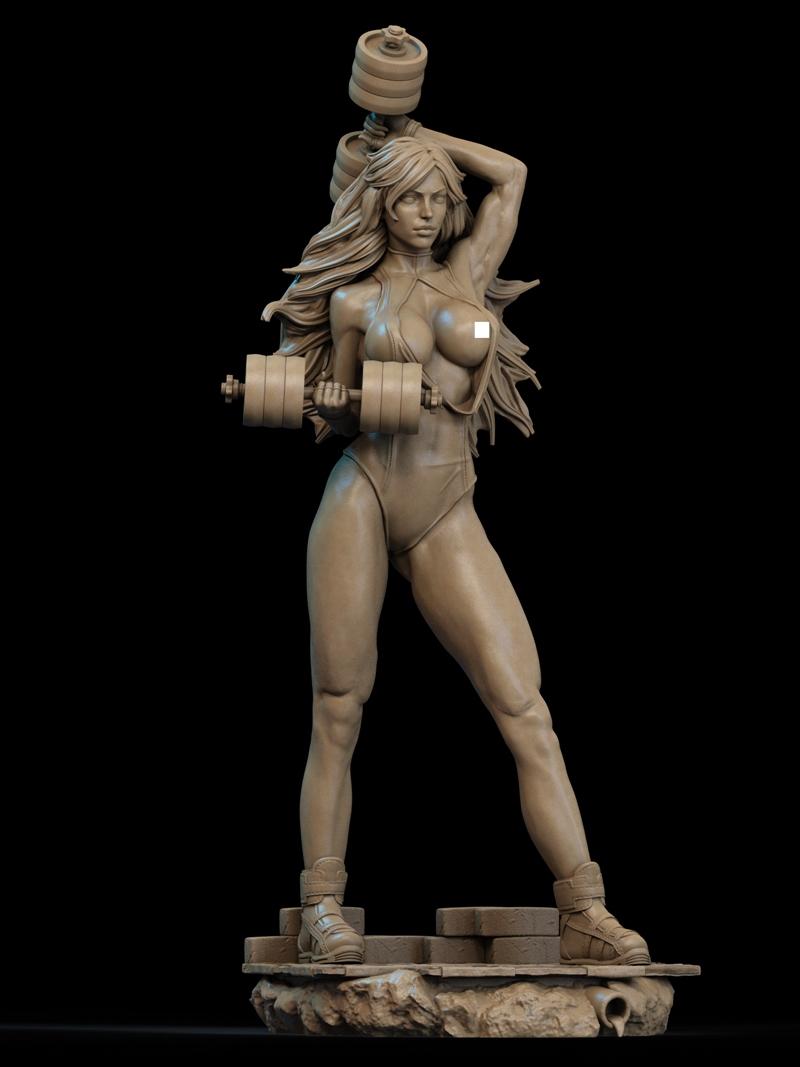 She-Hulk character 3D model, muscular female figure holding dumbbells, wearing revealing athletic outfit and boots, p...