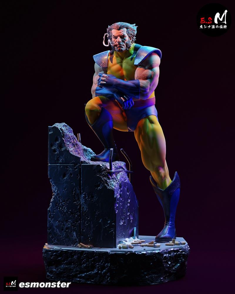 Wolverine 3D model figure in yellow and blue costume, cigar in mouth, standing on rubble base with bullet casings.
