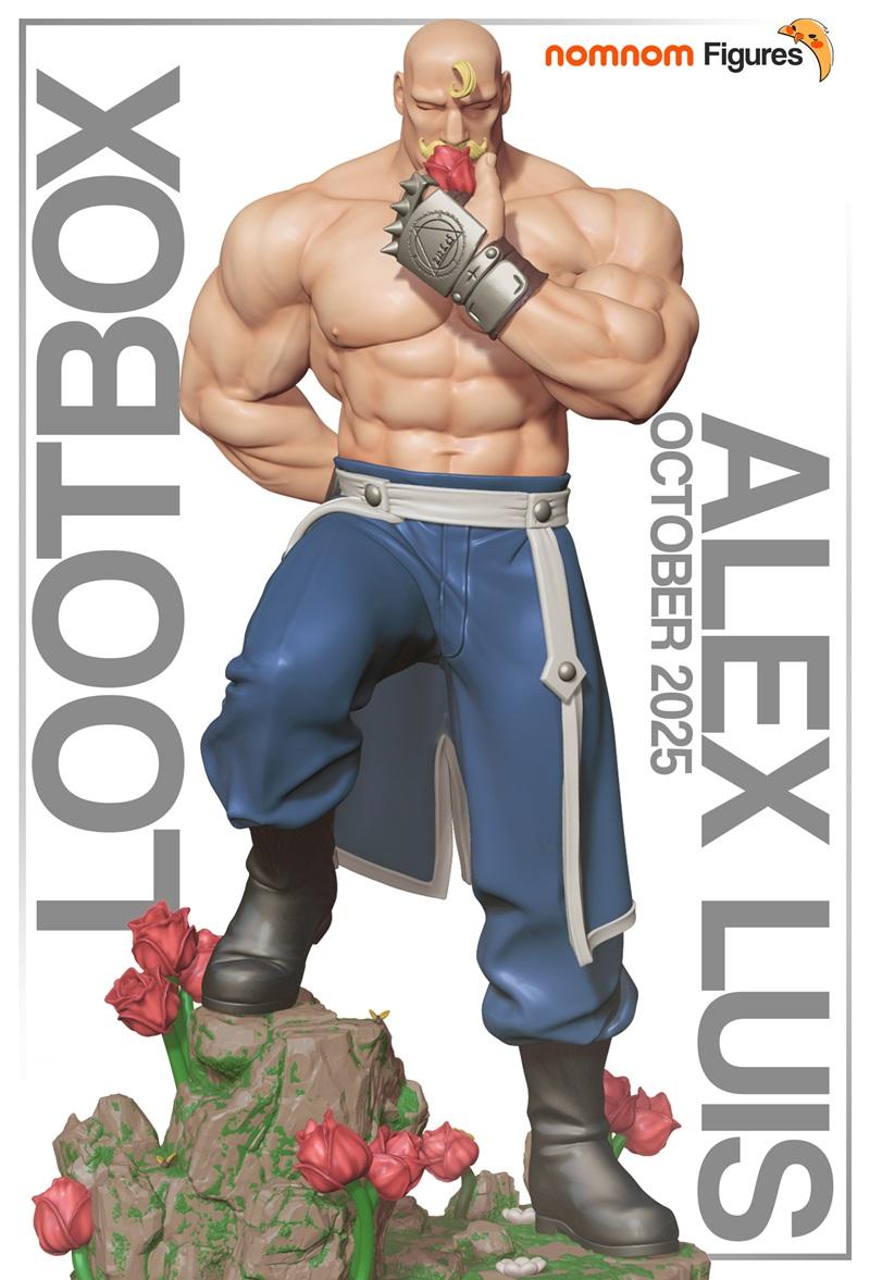 Muscular Alex Luis Armstrong from Fullmetal Alchemist, holding a rose, wearing blue pants and white sash, standing on...