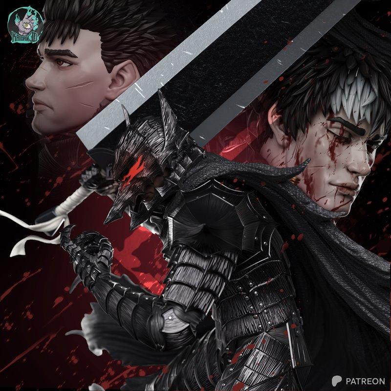 Guts in Berserker Armor, holding a large sword, with his unarmored face and a bloody face shown separately. Dark fant...