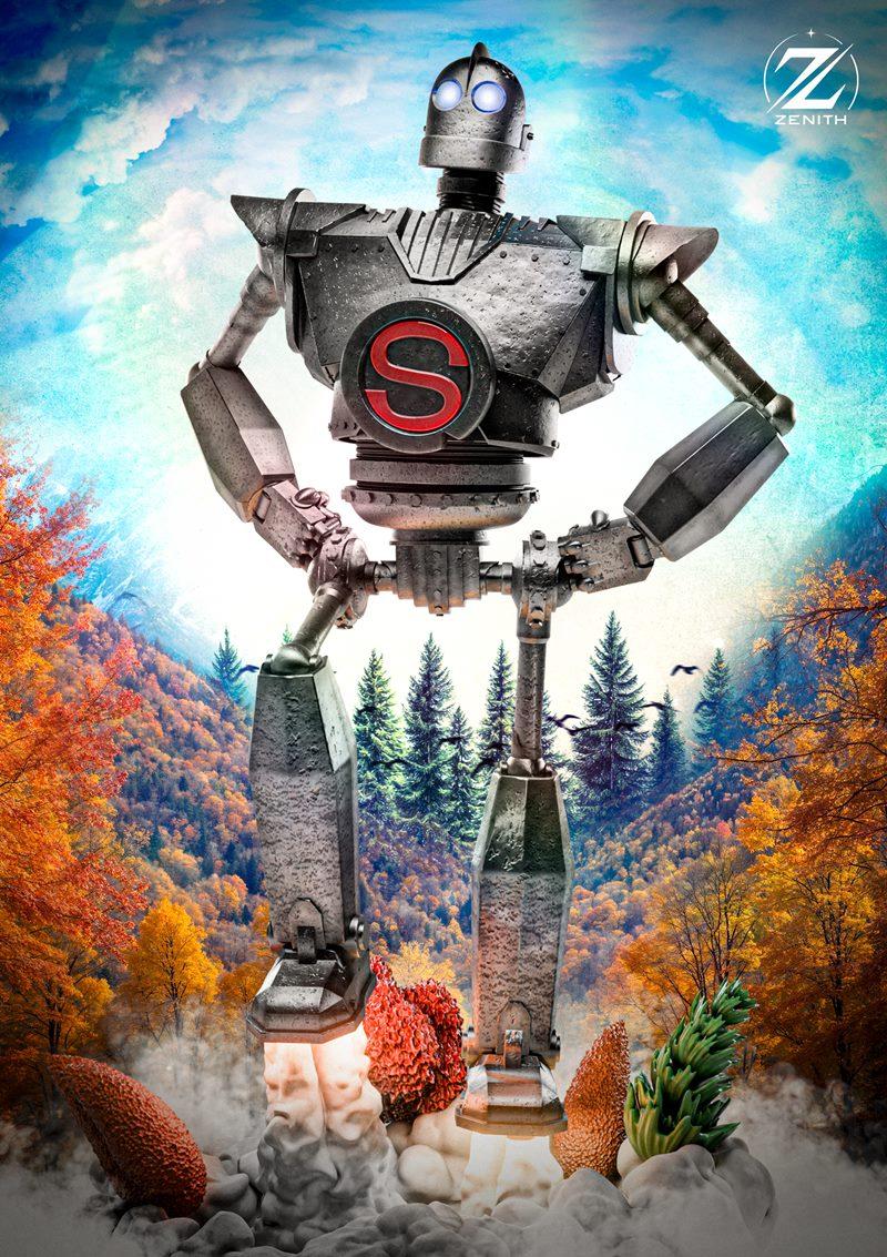 Zenith Studios Iron Giant 3D model figure with glowing blue eyes and 'S' emblem, standing in a dynamic pose with smok...