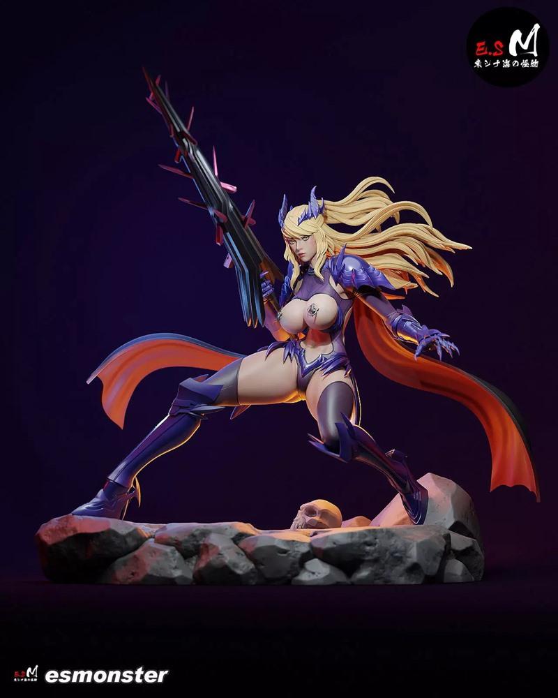 Artoria Pendragon Alter figure in dark armor and cape, holding a spiky sword, posed on a rocky base with a skull. Blo...