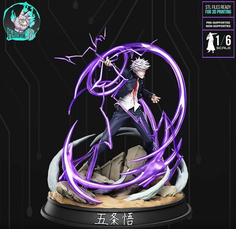Satoru Gojo from Jujutsu Kaisen in a dynamic pose, surrounded by purple lightning effects, wearing a school uniform....