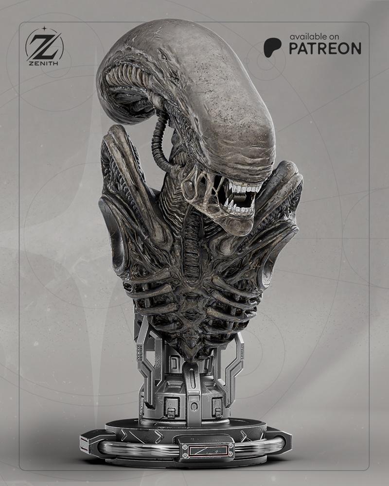 Zenith Studios Xenomorph bust 3D model, featuring detailed biomechanical design, elongated skull, inner jaw, and ribb...