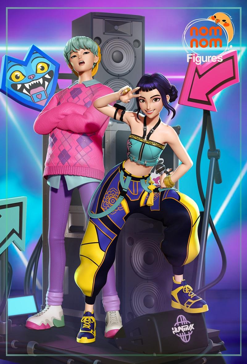 Zoey and Baby Saja 3D models from K-pop Demon Hunters by Nomnom Figures. Zoey wears a turquoise crop top and patterne...