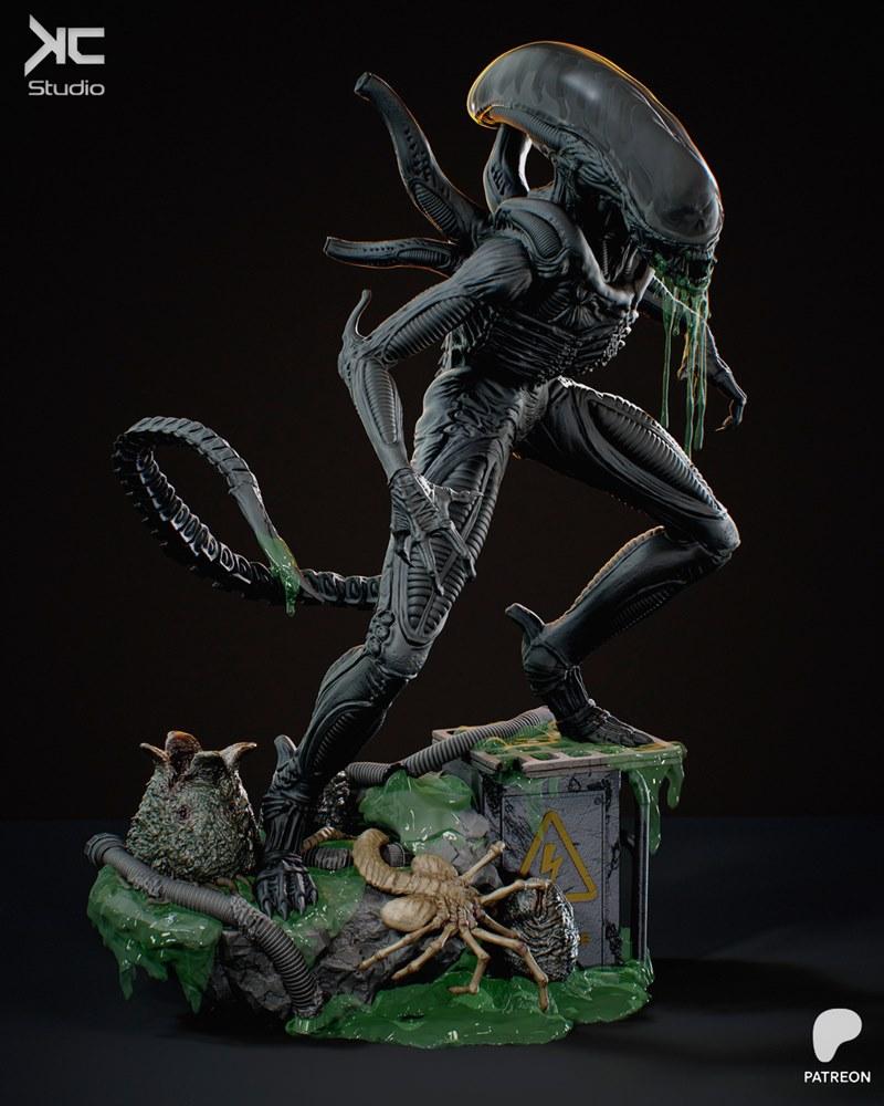 KC Studio Xenomorph figure in a menacing pose on a diorama base with a facehugger and dripping slime. Biomechanical c...