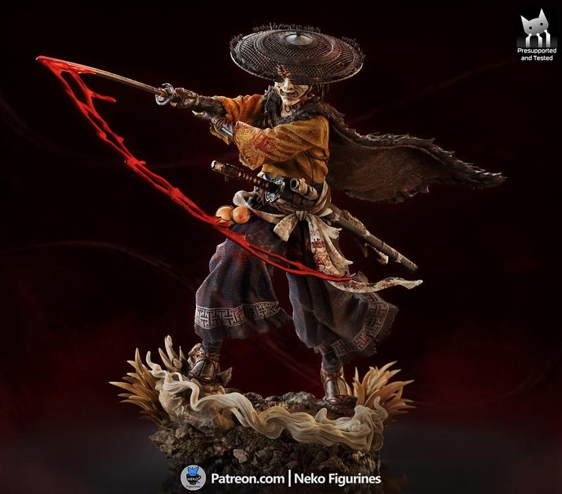 Atsu (Ghost Of Yotei) 3D model figure in a dynamic pose, wielding a bloody katana with red energy effects. Wears a st...