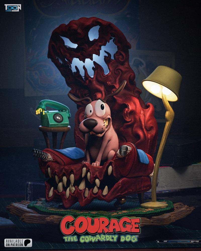 Courage the Cowardly Dog sitting on a fanged armchair, with a monstrous red entity behind him. A vintage phone and la...