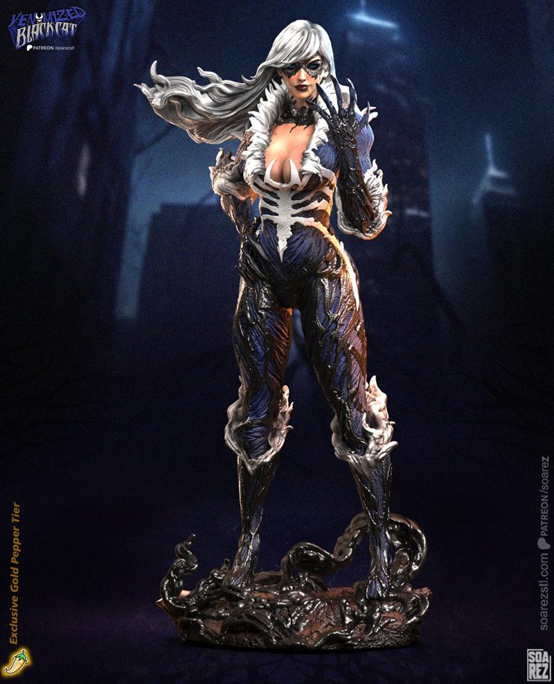 Venomized Black Cat 3D model figure by Soarez 3D, standing dynamically with white hair flowing, wearing a dark, textu...