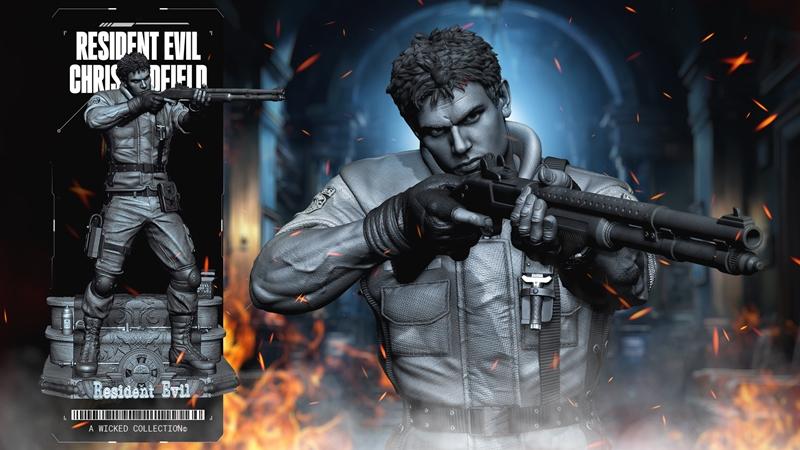 Chris Redfield figure holding a shotgun, wearing tactical gear, in a combat stance. From the Resident Evil game franc...