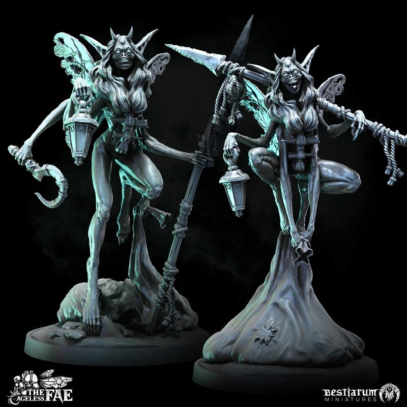 Two dark fantasy fae wanderer miniatures by Bestiarum Miniatures, one crouching and one standing, both holding lanter...