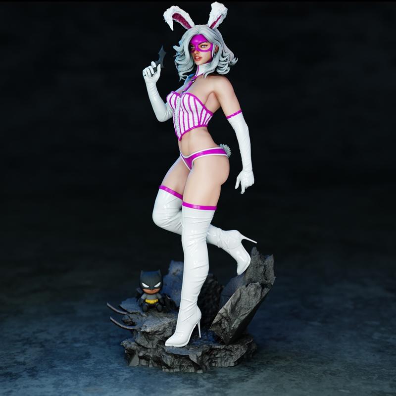 Jaina Hudson 3D model in a bunny girl outfit with pink and white corset, white gloves, and thigh-high boots, holding...