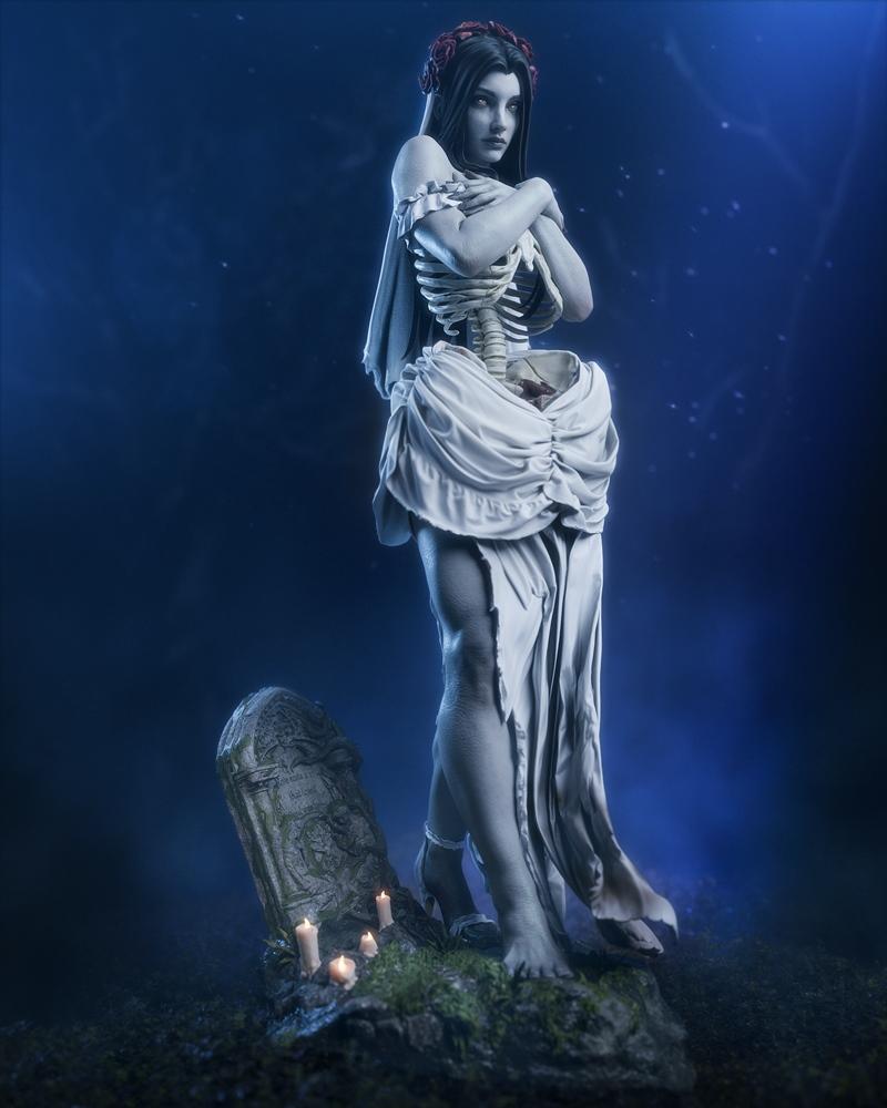 Undead Bride 3D model by CA 3D Studios, featuring a skeletal torso and tattered wedding dress, standing beside a tomb...