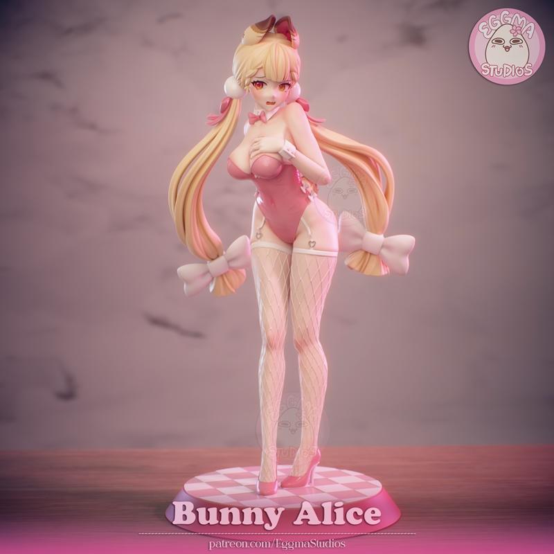 3D model of Alice from Zenless Zone Zero in a pink bunny girl outfit, featuring long blonde hair, fishnet stockings,...
