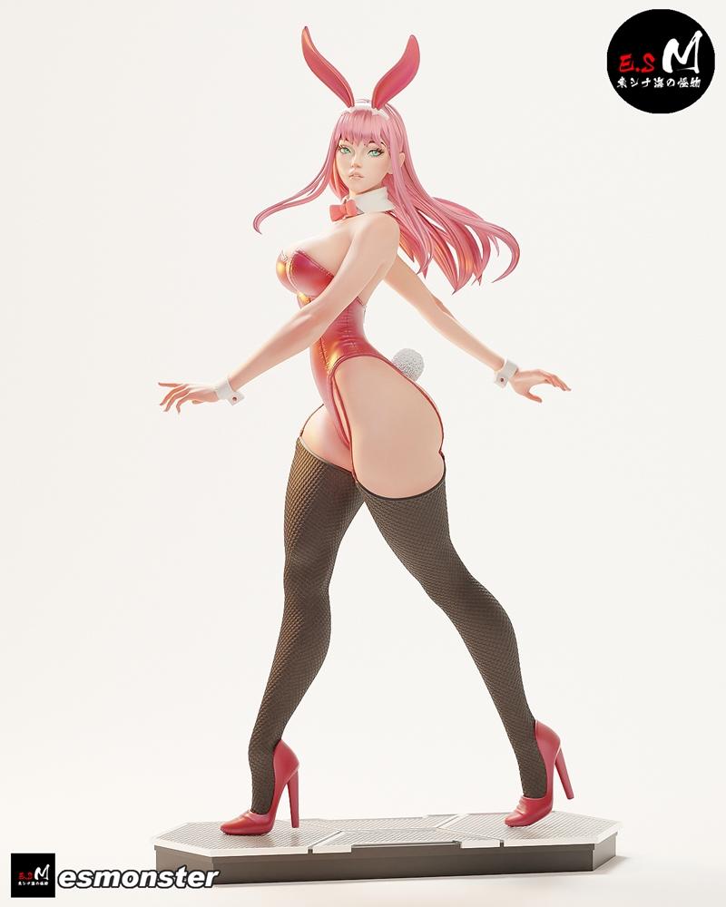 Zero Two from Darling in the Franxx in a red bunny suit, pink hair, bunny ears, fishnet stockings, and red heels, pos...