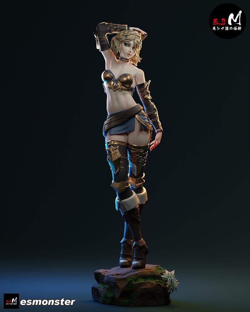 Zelda figure in golden fantasy armor, short blue skirt, and dark leggings, standing on a rock base. Blonde elf with g...