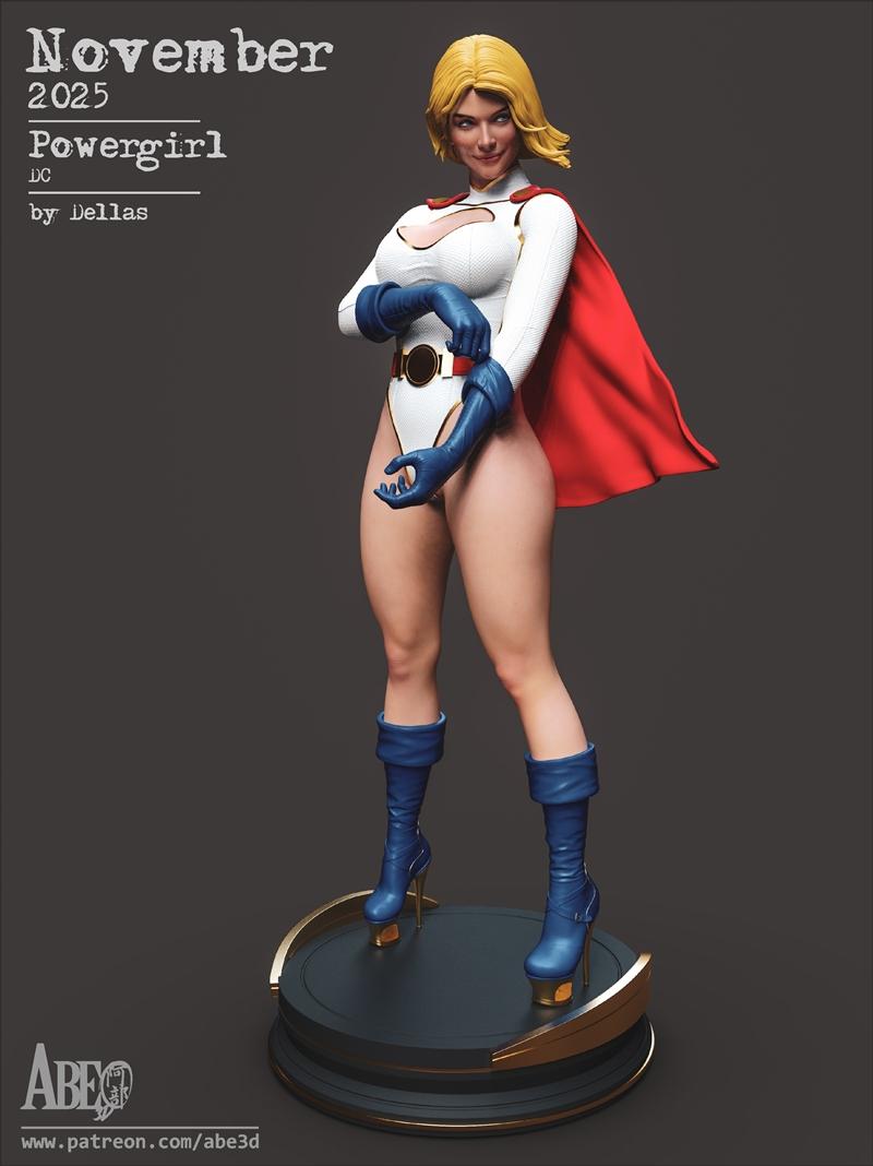 3D model of Powergirl by Abe3D, adjusting her white costume and blue gloves, wearing a red cape and blue boots, stand...