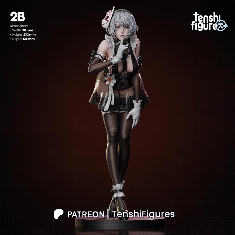 3D model of 2B from Nier, wearing a revealing black and white maid outfit and a Kitsune mask, standing with a finger...