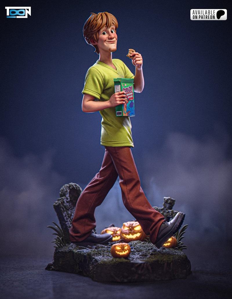 Shaggy from Scooby-Doo walking on a Halloween base with pumpkins, holding a box of Scooby Snacks. Toon Studios 3D model.