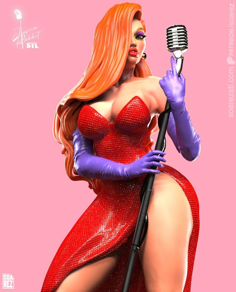 Jessica Rabbit figure with long red hair, wearing a red sequined dress and purple gloves, holding a vintage microphon...