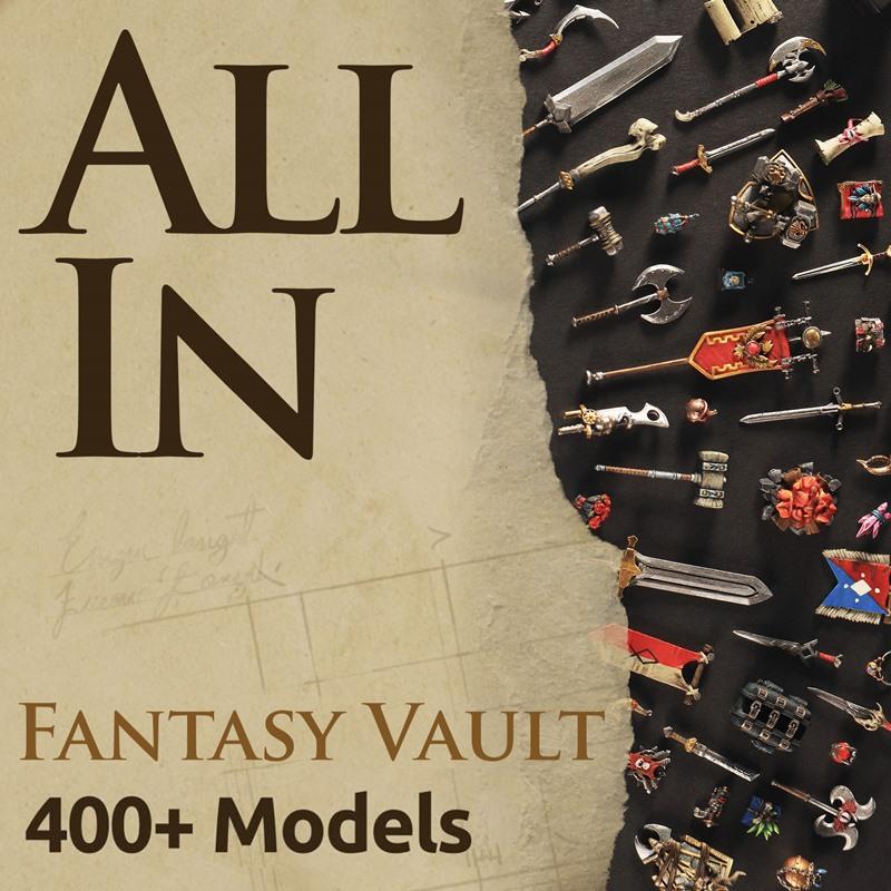 A collection of miniature fantasy weapons and armor pieces, including swords, axes, hammers, shields, and treasure ch...