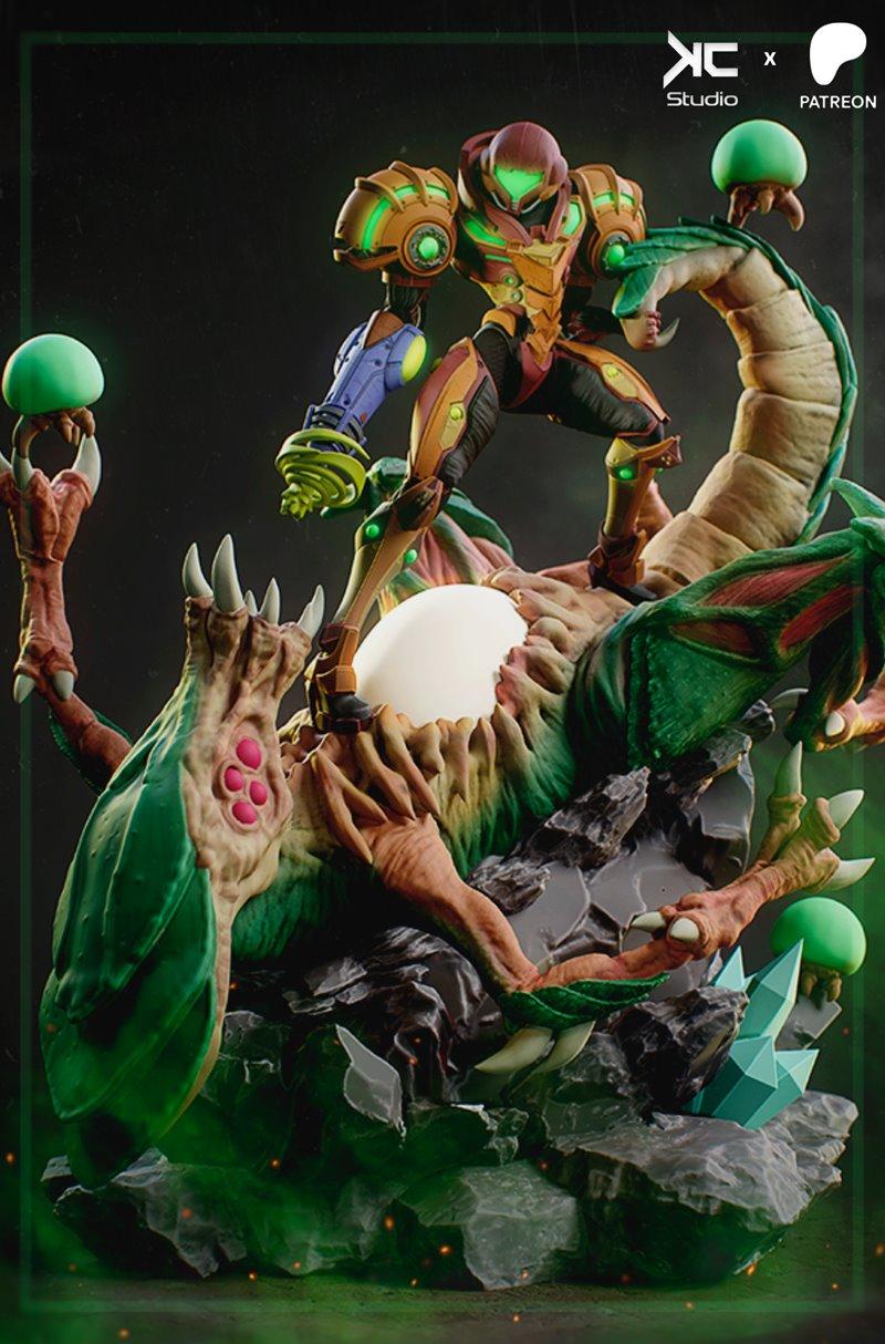 Samus Aran in orange and yellow power armor battles a green and brown Metroid creature on a rocky base, 3D model dior...