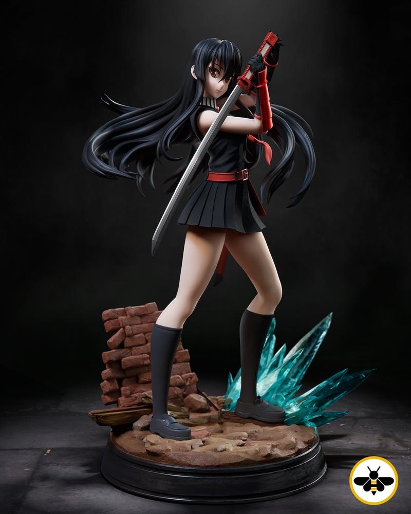 Akame from Akame ga Kill anime series in a dynamic combat pose with her katana, wearing a black outfit with red accen...