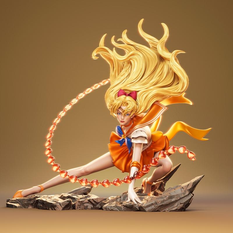 Minako Aino, Sailor Venus, in a dynamic action pose, crouched on rocks, wielding a chain of glowing hearts. Blonde ha...