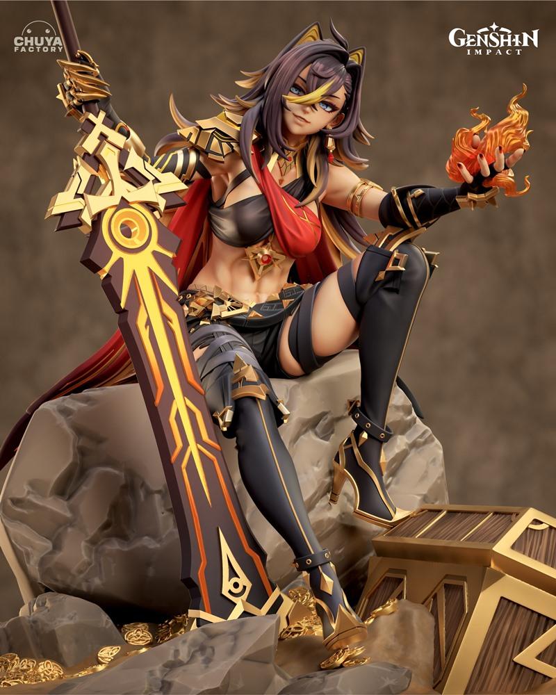 Dehya from Genshin Impact 3D model, seated on rocks, holding fire, with ornate sword and treasure chest.
