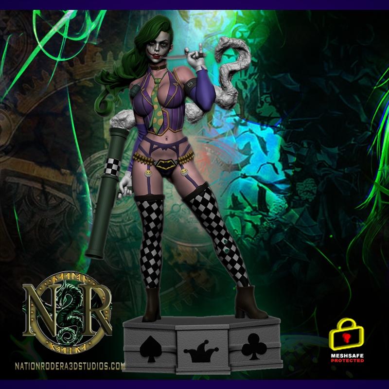 Duela Dent 3D model figure in a provocative pose, wearing a purple corset, tie, lingerie, and checkered stockings, ho...