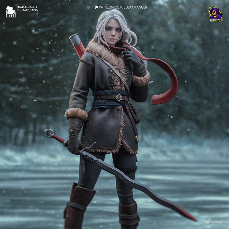 Ciri from The Witcher, a female figure in a fur-trimmed winter coat and dark pants, holding a sword. She has white ha...