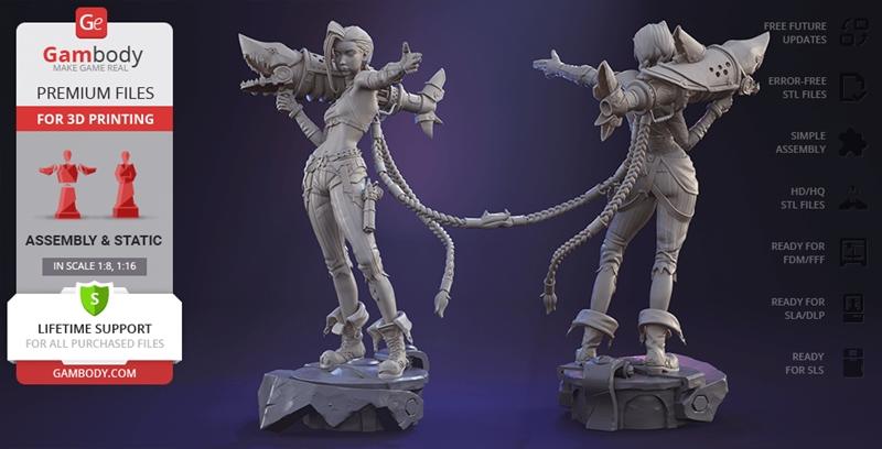 Jinx from League of Legends 3D model, front and back views, holding Fishbones rocket launcher, braided pigtails, dyna...