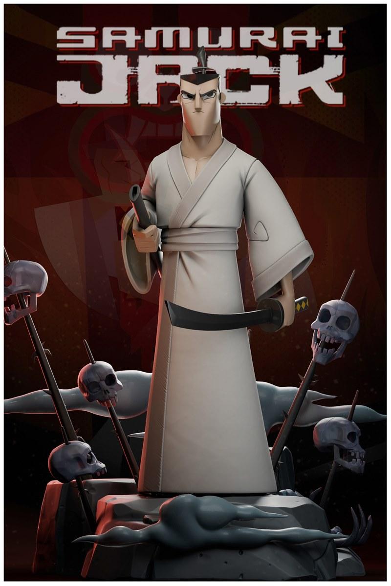 Samurai Jack 3D model figure by Toon Studios, wearing a white gi and holding two swords, standing on a diorama base w...