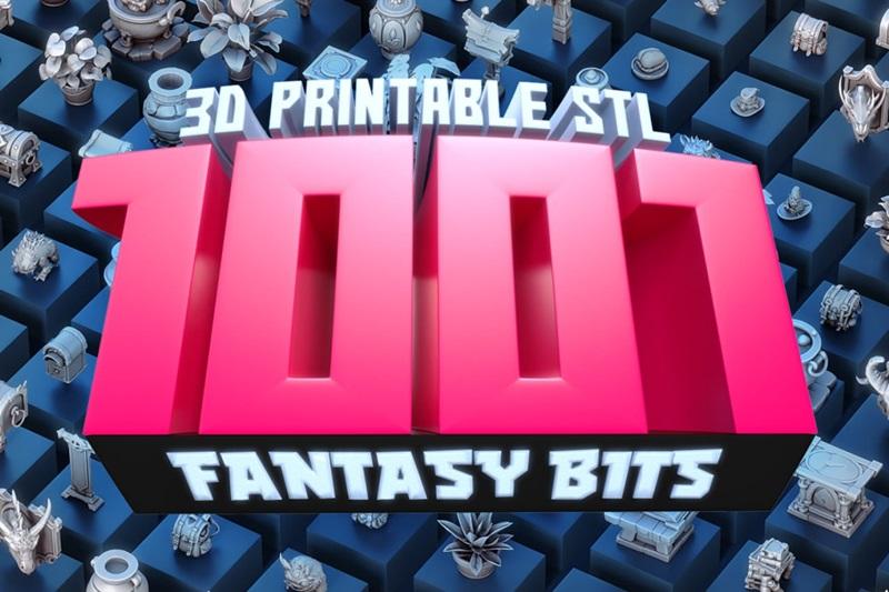 Large pink 3D numbers "1001" with "3D PRINTABLE STL" and "FANTASY BITS" text. Surrounde...
