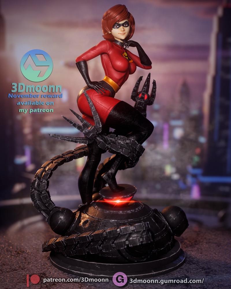 Elastigirl figure in red and black suit, striking a dynamic pose on a dark, mechanical base with glowing red accents....